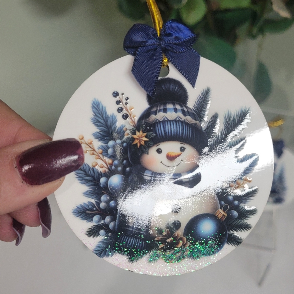NWT 4 HANDMADE 2 SIDED BLUE SNOWMAN ORNAMENTS CHRISTMAS W Glittery Snow And Bow - Picture 6 of 6